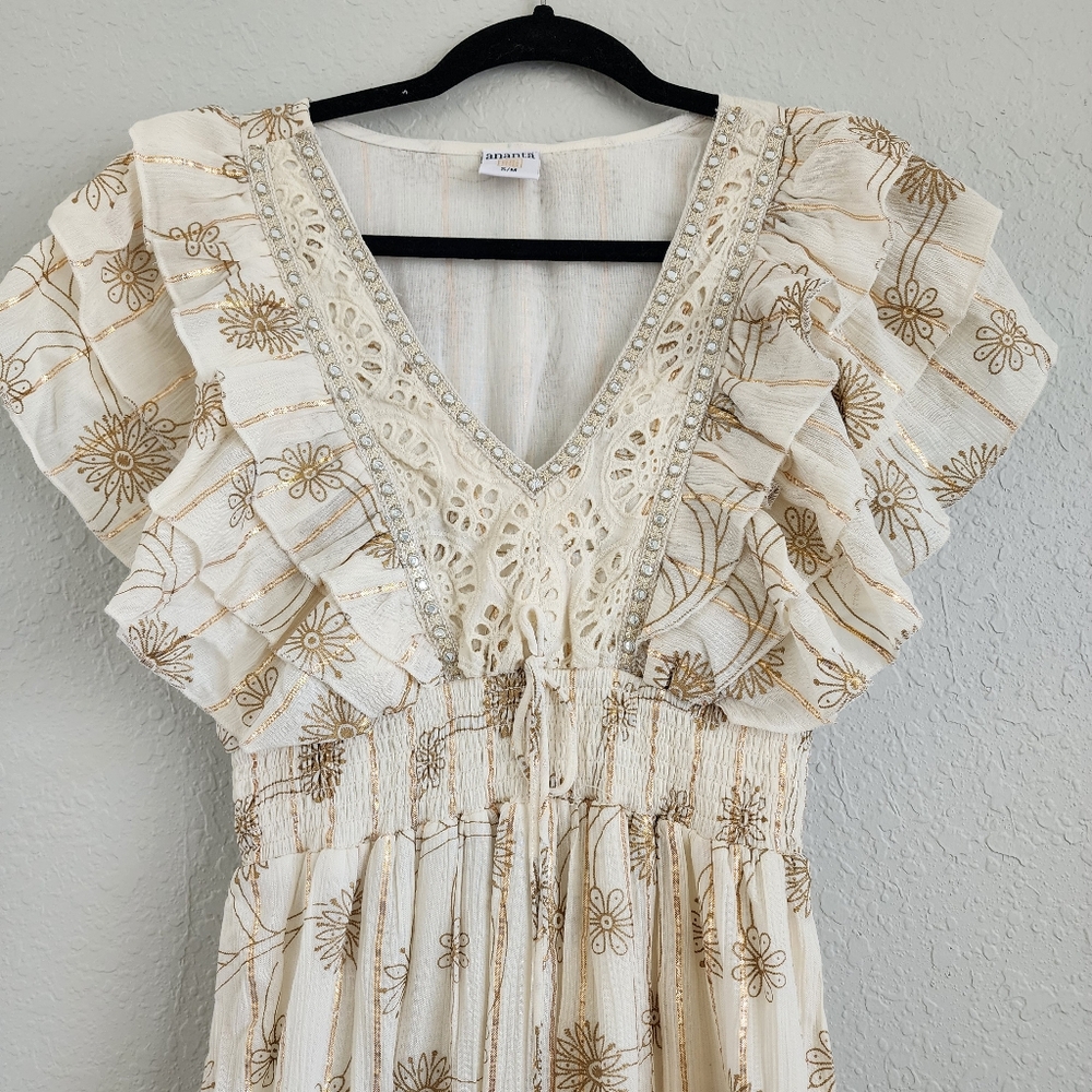 Ananta Cream and Gold Women's Maxi Dress Boho Anthro Inspired Boutique NWOT - Picture 6 of 8
